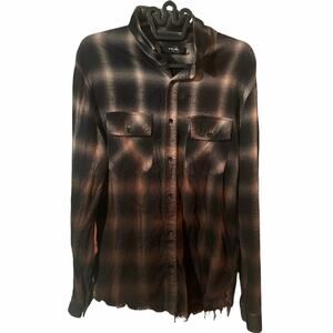 AMIRI Flannel Shirt Mens L Shadow Plaid Dip Dye Bleach Raw Hem Distressed Grunge